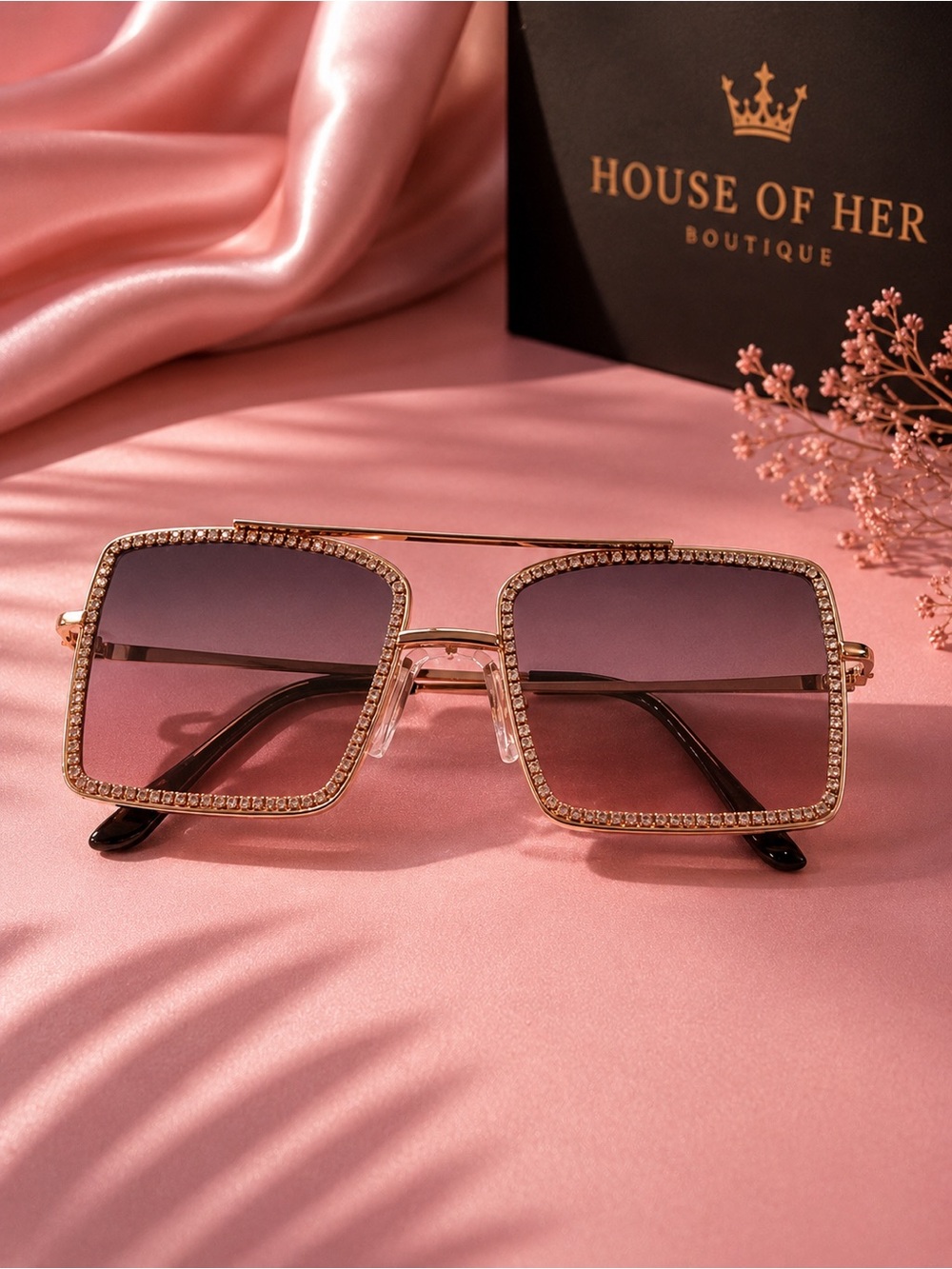 Pink Gradient Square Sunglasses with Crystal-Trim Frame